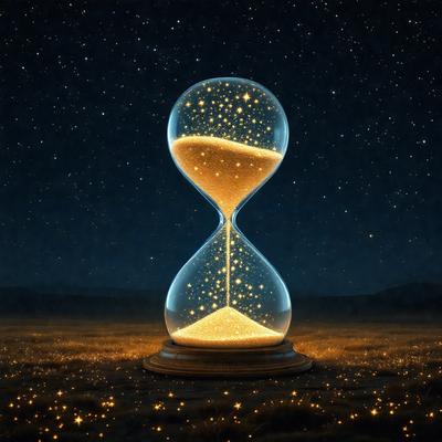 The primary subject of the image is a large, illuminated hourglass. The hourglass is placed in a sandy environment, which adds to the overall atmosphere of the scene. The visual style of the image is a combination of photo and digital art, creating a unique and captivating representation of the hourglass. The colors and mood of the image are predominantly warm and inviting, with the illuminated hourglass serving as the focal point of the scene.